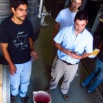Mauricio Gonzalez, Ramiro Guiroy, Leonardo Rafatta test an experimental micro-vinification of Altos Las Hormigas Single Origin Bonarda, for potential sparkling wine