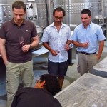 Antonio Morescalchi, Leo Erazo, Ramiro Guiroy, Mauricio Gonzalez testing the micro-vinification of Altos Las Hormigas Single Vineyard Malbec, Makia Vineyard, Vista Flores.