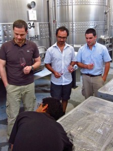 Antonio Morescalchi, Leo Erazo, Ramiro Guiroy, Mauricio Gonzalez testing the micro-vinification of Altos Las Hormigas Single Vineyard Malbec, Makia Vineyard, Vista Flores.
